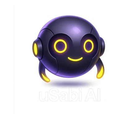 futuristic AI orb mascot for 'uSabi AI', glowing with purple and yellow lights, subtle smile, sleek modern approachable style sticker