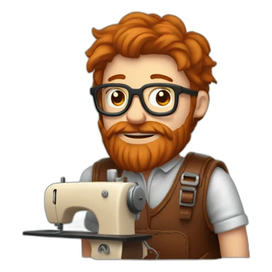 Red haired man with beard and metal rimmed glasses hand sewing a leather saddle sticker
