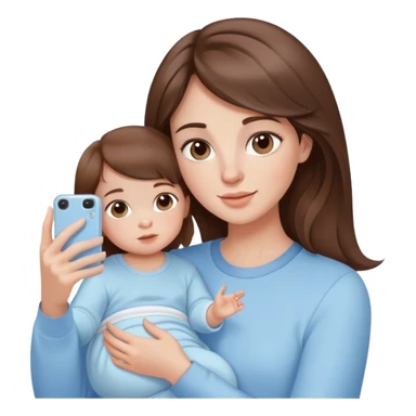 brunette girl with brown hair wearing pastel blue clothes holding a baby and taking a selfie sticker