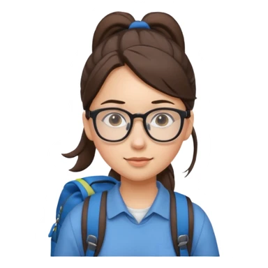 student brunet kid girl, ponytail wearing glasses with backpack sticker