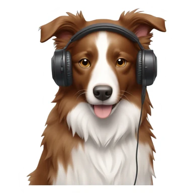 dog that looks like a reddish brown border collie with medium hair with headphones working from home includes a stick outfit sticker