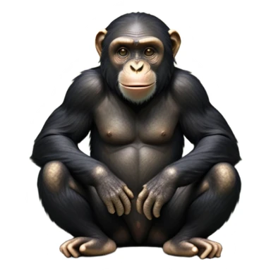 cinematic-noble chimpanzee-realistic-full-body-sitting-emoji,-long-powerful-arms-resting-on-its-knees,-expressive-dark-eyes-filled-with-intelligence-and-curiosity,-coarse-black-fur-textured-and-detailed,-softly-wrinkled-face-hinting-at-a-mischievous-smile,-slightly-open-mouth-showing-a-glimpse-of-teeth,-simplified-yet-realistic-focused-features,-highly-detailed,-glowing-with-a-warm-jungle-light

 sticker