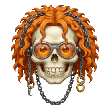 steam-punk Megadeth iconic iconic skull mascot with rusty glasses and chains on his teeth, orange curly huge hair sticker