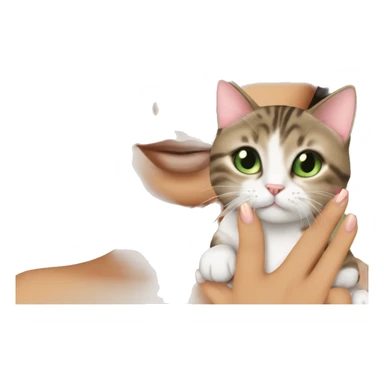 A girl with green eyes and dark brown straight hair, and makeup nude lipstick  and eyelashes, slightly tanned, oval light pink fingernails ,white top, holding a brown tabby cat with green eyes  sticker