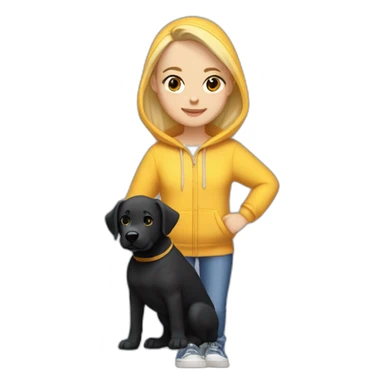 A blonde girl  with smooth hair and a ray in the middle of his hair, she has light skin a few freckles, and she wear a hoodies and she Carries in his arms a black baby labrador dog  sticker