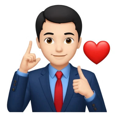 A man in very black short hair with all back hair style, wearing dark blue suit and red tie, making a heart finger sticker
