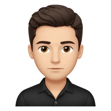 He’s a man with light to medium skin, a defined oval face, full brows, deep-set eyes, and wavy short dark brown tall hair styled with height, sides are trimmed. muscular. expression calm and focused relaxed black black button shirt open collar. polished, articulate, and coach vibe. tall hair tall  sticker