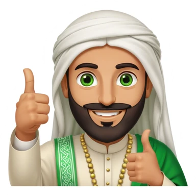 "Tanned Arab Saudi man with green eyes and a beard, wearing an agal and traditional attire, smiling happily and giving a big thumbs-up sticker