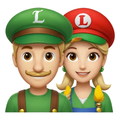 blonde female Luigi (with the Luigi green hat with an L on it) and a normal brown hair male Mario with the red hat with a M on it. They are friends just smiling. This video game sticker
