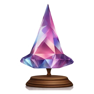 crystal sculpture witch hat with a geometric, faceted design. The hat is standing upright on a wooden stand with angular and baroque features. The vibrant midtone tints of pastels and pink highlights the sharp edges and planes.  sticker