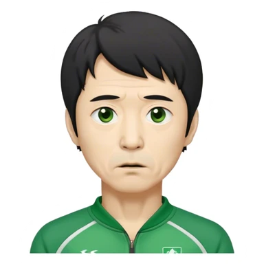 Seong Gi-hun : age 60, skinny and bony face, very small mouth, unkempt black hair and tired eyes, Green player tracksuit. sticker