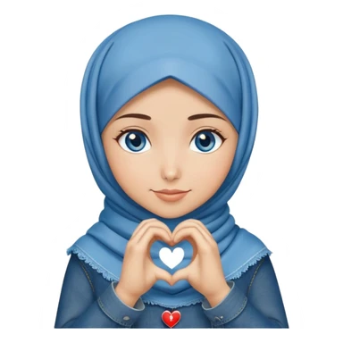 Turkish beautiful finish Konya girl blue eyes with denim hijab islamic dress and making heart with hands and with thank you text sticker