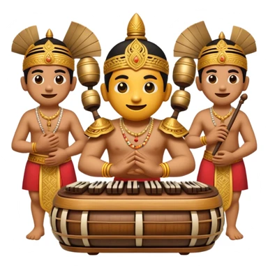 Cinematic Realistic Gamelan Pop Culture Emoji, depicted with an ensemble of traditional Indonesian instruments rendered with rich textures and rhythmic, cultural lighting. sticker