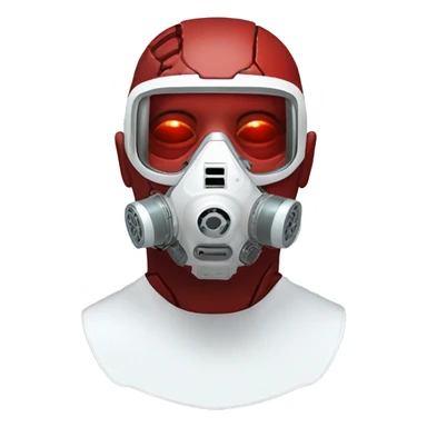Red skin cyborg head with white respirator mask and circuitry sticker