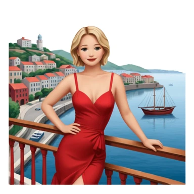 jennifer lawrence, closeup portrait , leaning on a balcony with a harbor and cityscape in the background, smiling, red dress  sticker