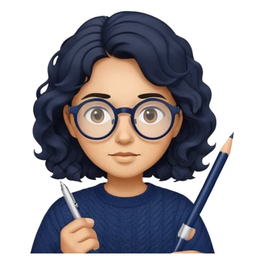 Reliable-looking designer with wavy black hair, round glasses, navy blue sweater, organized, holding pen with competent expression sticker