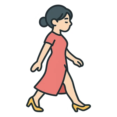 A girl walking from left to right, side view, wearing a red dress with a slit and high heels, eastern style, thin clean outlines, soft rounded shapes, detailed drawing with shadows and highlights, pastel palette #98B5BC, #B5B3C1, #C9A3C9, #E4C0CA, #F7DCD1, #F7C0AA, modern Japanese pop art, soft lighting, transparent background, no extra decoration, focus on movement and elegance sticker