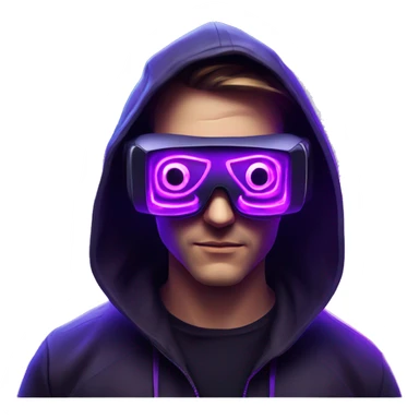 Russian man wearing a black hoodie with "OMG" letters on it and VR headset in a cyberpunk VR environment with violet neon lighting. sticker