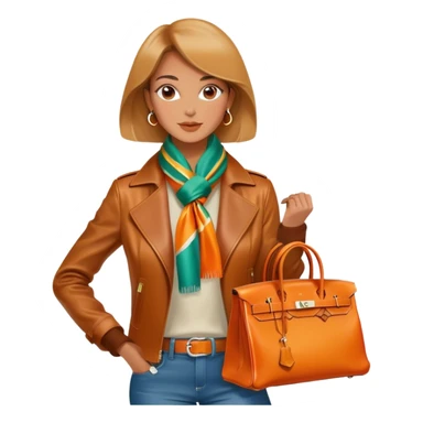 Elegant and tan woman wearing a leather Hermes jacket and a multicolored silk scarf around her neck. She has an orange Hermes Birkin Bag. I want the image to be close up, starting from the waist up.  sticker