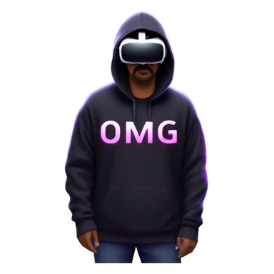 Big Lebowski wearing a black hoodie with "OMG" letters on it and VR headset oculus quest 2 in a cyberpunk VR environment with violet neon lighting. sticker