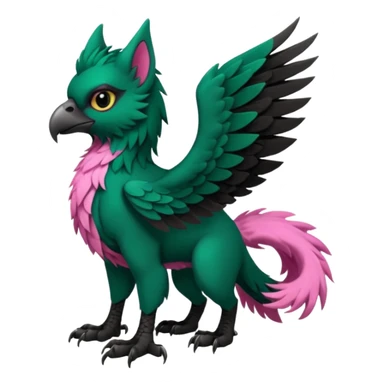 Dark-deep-Emerald-green gryphon-Trico-fusion-hybrid with a long tufted tail, black beak, pink accents, black claws, black tail, majestic, realistic, furry (full body) sticker