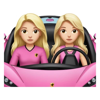 Make car far away so I can see full car Car facing forward in pink sports car. Make hair long are not smiling but very pretty. One girl is blonde, one girl is brunette. Front of car sitting in the seats. Make it a pink sports car. They are two baddies make it a Lamborghini pink car  sticker