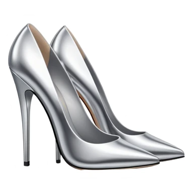A pair of high heel shoes emoji made of polished silver chrome, elegant sharp silhouette, smooth metallic surface, glossy reflections, luxury sexy vibe, minimalistic iOS emoji style, centered, clean white background sticker