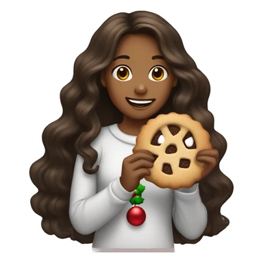 Tan girl with dark brown long wavy hair eating a Christmas cookie sticker