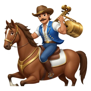 super jacked guy with a mustache and long hair playing the piano, but also riding a horse sticker