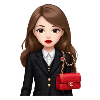 White girl with brown long hair dressed up in black chanel tweed suit with a red chanel bag and red lipstick. Close up sticker