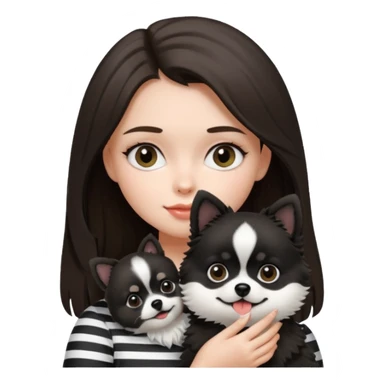 an brunette hair girl holding her black and white pomeranian dog that has white middle part in the face kinda looks like a panda sticker