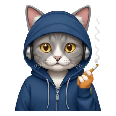 cat in headphones, in a dark-blue almost black oversized hoodie with a cigarette in his hand sticker