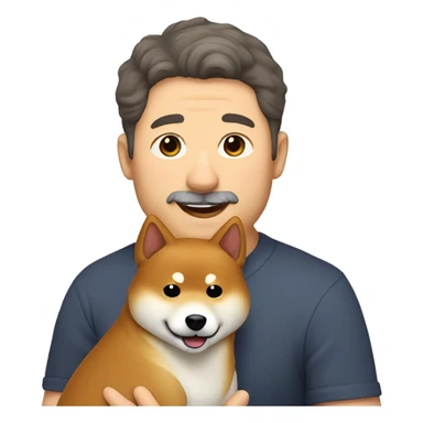 Shiba-inu cuddles middle age man with curly dark brown  hair without bear  sticker