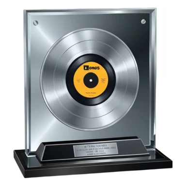 A platinum music award plaque: a square, polished platinum plate with a subtly textured, mirror-like finish, mounted on a simple dark metal base. The center features a relief of a or stylized vinyl record in a slightly darker metallic tone.  sticker