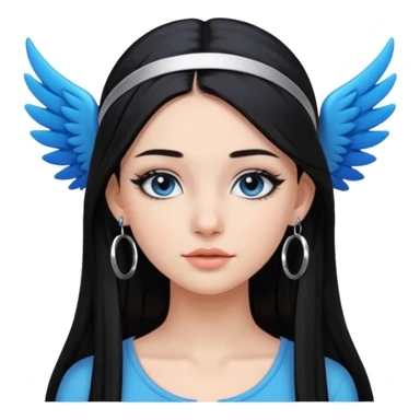 Girl with Black long straight hair with headband black one that puts hair pushed back winged eyeliner both upoer and lower line blue eyeshadow silver hoops  sticker