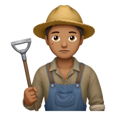 Emoji portrait of a male agricultural slave. He has a tired expression and wears rough clothes, holding a hoe over his shoulder. sticker