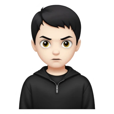Vampire boy with the short black hair, pale-white skin, black eyes, little fangs and dark circles under his eyes. He has serious face and he wear a black oversize sweatshot sticker