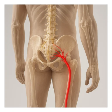 Create a hyperrealistic anatomical view of sciatica as in the reference image: human body seen from behind, visible spine, bones, and nerves, with the sciatic nerve highlighted in red starting from the lumbar area and running down the leg, clear anatomical details, neutral background, 4K quality. sticker