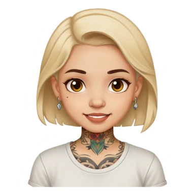 girl with small face tattoos, cheerful expression, wearing a shirt sticker