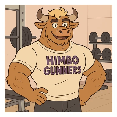 muscular furry character wearing a t-shirt that says 'Himbo Gunners' in a gym setting sticker