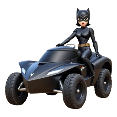 Rc toy with aerodynamic sexy fenders on Catwoman’s buxom attractive armored midnight-colored tight outfit from tv series style dark knight movie stealthy accurate sporty safe deluxe off-road fast pursuit prototype concept car (black hair, sitting back but driving aggressively) secret rally car sticker