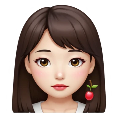“japanese style Emoji brunette girl long hair with side bangs white top, dewy skin, heavy blush across cheeks and nose bridge, glossy cherry lips, soft eyeliner, teary sparkling eyes sticker