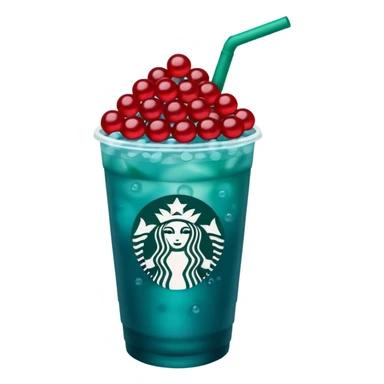 Teal-blue colored Starbucks refresher with red bobs pearls at the bottom sticker