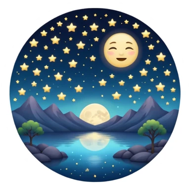 "Design a calming circle emoji for evening reflection. Soft moonlight, gentle stars, peaceful or spiritual symbols. No people - emphasize tranquil colors, night sky elements, and serene spiritual imagery." sticker
