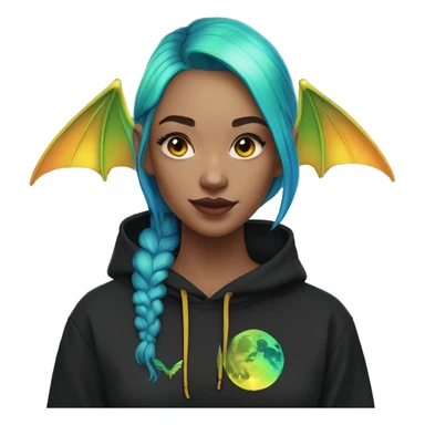 Lady with brunette and iridescent blue hair, gold, lime green dragon wings, black hoodie, oilslick holographic, black and gold Nike t shirt, and bright red eyes sticker