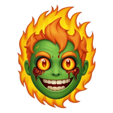 cartoon emoji-style fire zombie, green skin, burning hair sticker