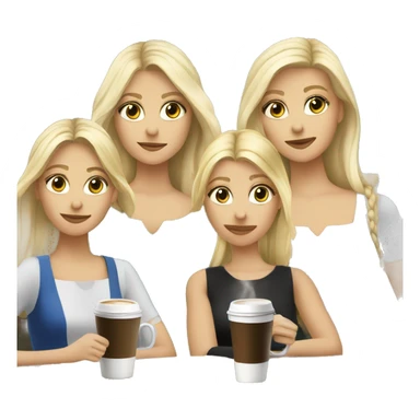 Four beautiful white european girls, one with blond hair and two dark blond hair in dresses have coffee sticker