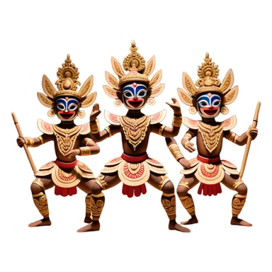 ​Cinematic Realistic Wayang Golek Ayun-ayun Dancers, depicted as intricately carved traditional wooden puppets in dynamic dance poses, adorned with vibrant painted details and expressive features, set against a softly lit stage that evokes centuries of Indonesian cultural heritage, rendered with lifelike textures and dramatic atmospheric lighting, sticker