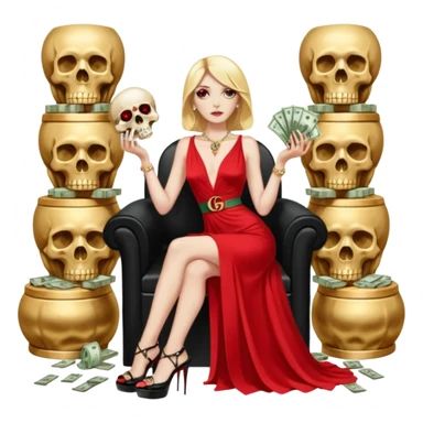 Lilith symbol red eye seductress evil shoulder length blonde haired powerful woman with Gucci  long dress with slit, sitting on of gold and diamonds. Black Platform high heels on feet. seat full of stacks,  dead human skull of her enemies in her other hand sticker