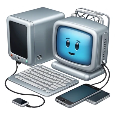 An emoji representing electronics: a collection of electronic devices such as a smartphone, laptop, refrigerator, TV, wires, and microchips, arranged in a cohesive and modern style. The design should have a technological neon or metallic tint sticker